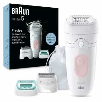 Epilator Braun Silk-Г©pil 5 5-050 Wet & Dry, MicroGrip, Smart Light, 28 de pensete, 2 viteze, Cap de ras + Pieptene, Cap pentru incepatori, Saculet de voiaj, Roz