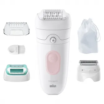 Epilator Braun Silk-Г©pil 5 5-050 Wet & Dry, MicroGrip, Smart Light, 28 de pensete, 2 viteze, Cap de ras + Pieptene, Cap pentru incepatori, Saculet de voiaj, Roz
