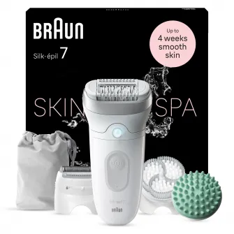Epilator Braun Silk-Г©pil 7 7-081 SkinSpa, Wet & Dry, MicroGrip, Smart Light, 40 de pensete, 2 viteze, Cap de ras + Pieptene, Cap pentru exfoliere, Cap pentru masaj, Saculet de voiaj, Alb/Gri