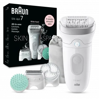 Epilator Braun Silk-Г©pil 7 7-081 SkinSpa, Wet & Dry, MicroGrip, Smart Light, 40 de pensete, 2 viteze, Cap de ras + Pieptene, Cap pentru exfoliere, Cap pentru masaj, Saculet de voiaj, Alb/Gri