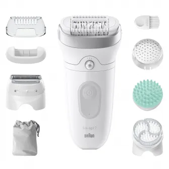 Epilator Braun Silk-Г©pil 7 7-081 SkinSpa, Wet & Dry, MicroGrip, Smart Light, 40 de pensete, 2 viteze, Cap de ras + Pieptene, Cap pentru exfoliere, Cap pentru masaj, Saculet de voiaj, Alb/Gri
