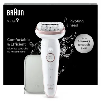 Epilator Braun Silk-Г©pil 9 9-000 Wet & Dry, MicroGrip, Smart Light, 2 viteze, 40 pensete, Geanta de voiaj, Alb/Roz