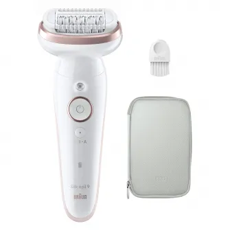 Epilator Braun Silk-Г©pil 9 9-000 Wet & Dry, MicroGrip, Smart Light, 2 viteze, 40 pensete, Geanta de voiaj, Alb/Roz