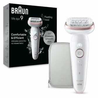 Epilator Braun Silk-Г©pil 9 9-000 Wet & Dry, MicroGrip, Smart Light, 2 viteze, 40 pensete, Geanta de voiaj, Alb/Roz