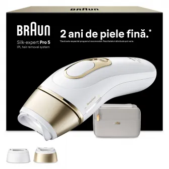 Epilator IPL Braun Silk-expert PRO 5 PL5210 Senzor automat & continuu Skin pro 2.0, 400.000 impulsuri, 10 niveluri de intensitate, 125 de impulsuri pe minut, 2 Capete de epilat, Trusa de voiaj, Aparat de ras Venus, Alb/Auriu