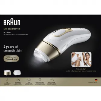 Epilator IPL Braun Silk-expert PRO 5 PL5210 Senzor automat & continuu Skin pro 2.0, 400.000 impulsuri, 10 niveluri de intensitate, 125 de impulsuri pe minut, 2 Capete de epilat, Trusa de voiaj, Aparat de ras Venus, Alb/Auriu