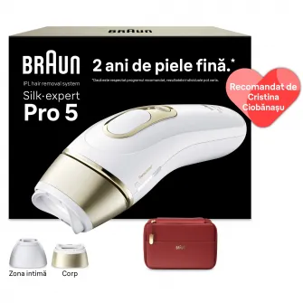 Epilator IPL Braun Silk-expert PRO 5 PL5221 Senzor automat & continuu Skin pro 2.0, 400.000 impulsuri, 10 niveluri de intensitate, 125 de impulsuri pe minut, 2 Capete de epilat, Trusa de voiaj, Aparat de ras Venus, Alb/Auriu