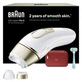 Epilator IPL Braun Silk-expert PRO 5 PL5221 Senzor automat & continuu Skin pro 2.0, 400.000 impulsuri, 10 niveluri de intensitate, 125 de impulsuri pe minut, 2 Capete de epilat, Trusa de voiaj, Aparat de ras Venus, Alb/Auriu