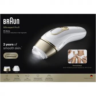 Epilator IPL Braun Silk-expert PRO 5 PL5221 Senzor automat & continuu Skin pro 2.0, 400.000 impulsuri, 10 niveluri de intensitate, 125 de impulsuri pe minut, 2 Capete de epilat, Trusa de voiaj, Aparat de ras Venus, Alb/Auriu
