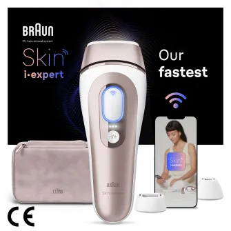 Epilator IPL Braun Skin iExpert PRO 7 PL7253 Tehnologie Skin iExpert, Feedback in timp real, 400.000 impulsuri, 10 niveluri de intensitate, 125 de impulsuri pe minut, Cap de precizie, Cap lat, Trusa de voiaj, Roz