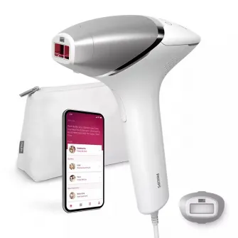 Epilator IPL Philips Lumea Seria 8000 BRI940/00, Senzor Smartskin, tehnologie SenseIQ, conectare la aplicatie, utilizare cu fir, 450.000 impusuri, accesoriu corp, Alb/Argintiu