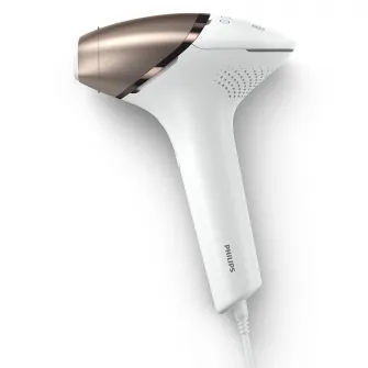 Epilator IPL Philips Lumea Seria 8000 BRI945/00, Senzor Smartskin, tehnologie SenseIQ, conectare la aplicatie, utilizare cu fir, 450.000 impusuri, accesoriu corp si fata, alb/rose gold