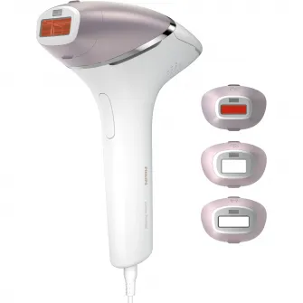 Epilator IPL Philips Lumea Seria 8000 BRI947/00, Senzor Smartskin, tehnologie SenseIQ, utilizare cu fir, 450.000 impusuri, accesoriu fata, corp, axila si inghinal, Alb/Roz