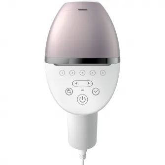 Epilator IPL Philips Lumea Seria 8000 BRI947/00, Senzor Smartskin, tehnologie SenseIQ, utilizare cu fir, 450.000 impusuri, accesoriu fata, corp, axila si inghinal, Alb/Roz