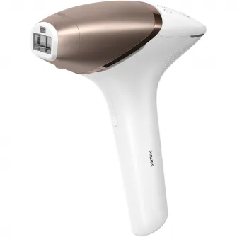 Epilator IPL Philips Lumea Seria 9900 BRI973/00, Senzor Smartskin, tehnologie SenseIQ, conectare la aplicatie cu functii Skin AI, utilizare cu sau fara fir, 450.000 impusuri, accesoriu fata, corp, precizie, Rose Gold/Alb