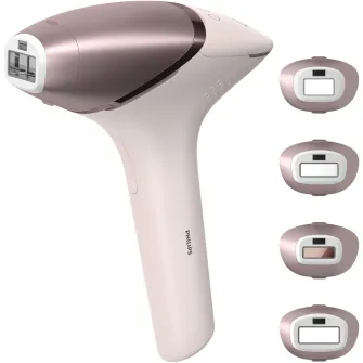 Epilator IPL Philips Lumea Seria 9900 BRI977/00, Senzor Smartskin, tehnologie SenseIQ, conectare la aplicatie cu functii Skin AI, utilizare cu sau fara fir, 450.000 impusuri, accesoriu fata, corp, axila si inghinal, Roz pudra