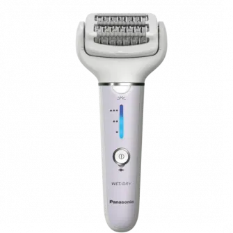 Epilator Panasonic ES-EY30-V503, Wet  Dry, Cordless, 2discuri  60 pensete, Senzor presiune, Discuri duble, Cap flexibil si pivotant la 90°, 3 viteze, Alb/Mov