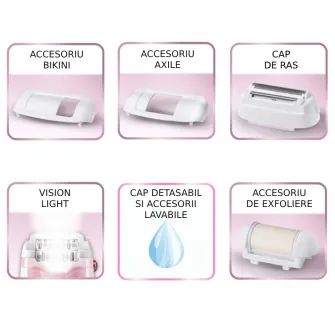 Epilator Rowenta Silence Soft EP5640D1, 2 viteze, 24 pensete, 4 accesorii - zona inghinala & axile & ras & exfoliere, cap de epilare si accesorii lavabile, tehnologie avansata micro-contact, sistem silentios, alb/roz