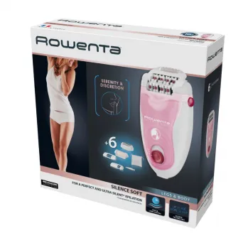 Epilator Rowenta Silence Soft EP5640D1, 2 viteze, 24 pensete, 4 accesorii - zona inghinala & axile & ras & exfoliere, cap de epilare si accesorii lavabile, tehnologie avansata micro-contact, sistem silentios, alb/roz