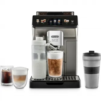Espressor automat De’Longhi Eletta Explore ECAM 450.86.T, 2 Carafe cu tehnologie LatteCrema (Hot  Cool), Tehnologie de extractie la rece, Rasnita cu tehnologie Bean Adapt, Coffee Link App, Cana 473 ml, 1450W, 19 bar, 1.8 l, Negru – Argintiu inchis