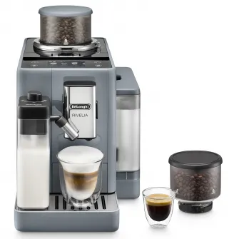 Espressor automat De’Longhi Rivelia EXAM 440.55.G, 0132215475, 2 recipiente pentru boabe, Tehnologie Bean Adapt, carafa cu tehnologie LatteCrema Hot, 1450W, 19 bar, 1.4 l, Gri
