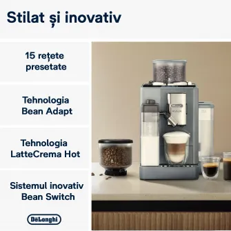 Espressor automat De’Longhi Rivelia EXAM 440.55.G, 0132215475, 2 recipiente pentru boabe, Tehnologie Bean Adapt, carafa cu tehnologie LatteCrema Hot, 1450W, 19 bar, 1.4 l, Gri