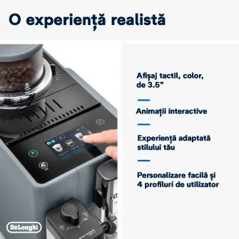 Espressor automat De’Longhi Rivelia EXAM 440.55.G, 0132215475, 2 recipiente pentru boabe, Tehnologie Bean Adapt, carafa cu tehnologie LatteCrema Hot, 1450W, 19 bar, 1.4 l, Gri