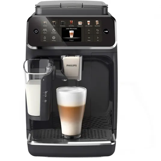 Espressor automat Philips EP4441/50 seria 4400, presiune 15 bari, solutie de lapte LatteGO, 12 tipuri de bauturi, ecran tactil intuitiv, Tehnologie noua SilentBrew pentru preparare silentioasa, rasnita ceramica, functie QuickStart, negru- argintiu