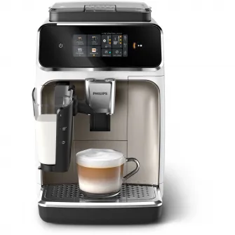 Espressor automat Philips seria 2300 EP2333/40, LatteGO, 4 tipuri de bauturi, ecran tactil intuitiv, tehnologie SilentBrew, Aplicatie Coffee+, rasnita ceramica, negru/alb