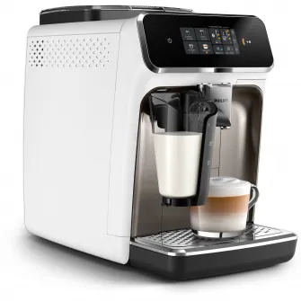 Espressor automat Philips seria 2300 EP2333/40, LatteGO, 4 tipuri de bauturi, ecran tactil intuitiv, tehnologie SilentBrew, Aplicatie Coffee+, rasnita ceramica, negru/alb
