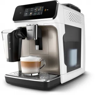 Espressor automat Philips seria 2300 EP2333/40, LatteGO, 4 tipuri de bauturi, ecran tactil intuitiv, tehnologie SilentBrew, Aplicatie Coffee+, rasnita ceramica, negru/alb