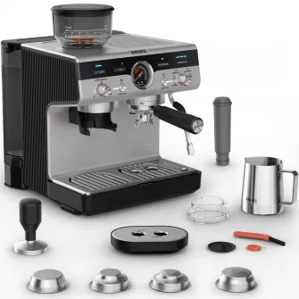 Espressor manual cu rasnita Krups Precision XP801T10, 15 bari, rezervor apa detasabil 3.5 L, 30 trepte de rasnire, 3 trepte temperatura, 3 trepte pre-infuzare, duza cappuccino & apa fierbinte, sistem Thermoblock, negru & argintiu