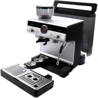 Espressor manual cu rasnita Krups Precision XP801T10, 15 bari, rezervor apa detasabil 3.5 L, 30 trepte de rasnire, 3 trepte temperatura, 3 trepte pre-infuzare, duza cappuccino & apa fierbinte, sistem Thermoblock, negru & argintiu