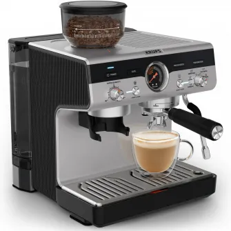 Espressor manual cu rasnita Krups Precision XP801T10, 15 bari, rezervor apa detasabil 3.5 L, 30 trepte de rasnire, 3 trepte temperatura, 3 trepte pre-infuzare, duza cappuccino & apa fierbinte, sistem Thermoblock, negru & argintiu