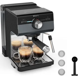 Espressor manual Krups Authentic+ C80 XP384G10, 15 bari, rezervor apa detasabil 2 L, duza spumare lapte, functie apa fierbinte, compatibilitate paduri ESE, oprire automata, negru