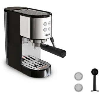 Espressor manual Krups Virtuoso Essential XP441810, presiune 15 bari, rezervor apa 1L, sistem de spumare a laptelui, functie apa fierbinte, reglare temperatura, oprire automata, sistem ThermoBlock, design compact, negru & argintiu