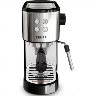 Espressor manual Krups Virtuoso Essential XP441810, presiune 15 bari, rezervor apa 1L, sistem de spumare a laptelui, functie apa fierbinte, reglare temperatura, oprire automata, sistem ThermoBlock, design compact, negru & argintiu