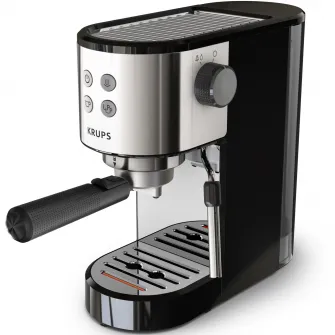 Espressor manual Krups Virtuoso Essential XP441810, presiune 15 bari, rezervor apa 1L, sistem de spumare a laptelui, functie apa fierbinte, reglare temperatura, oprire automata, sistem ThermoBlock, design compact, negru & argintiu