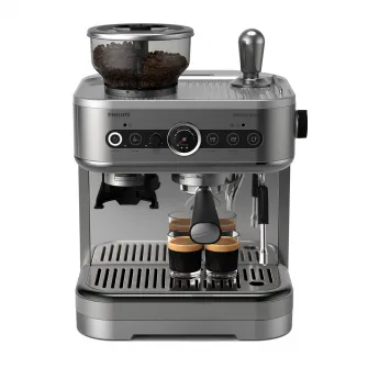 Espressor Philips Barista Brew PSA3228/01 semi-automat cu rasnita conica metalica, 15 dimensiuni de macinare, 15 bari, 1350W, recipient boabe dual de 280 g, sigiliu premium calibrat, vas lapte Temperature Perfection, 450 ml, gri