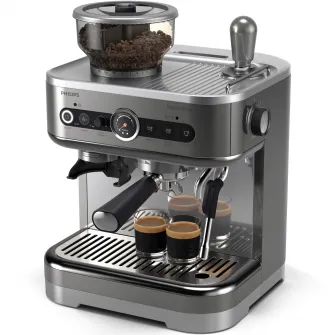 Espressor Philips Barista Brew PSA3228/01 semi-automat cu rasnita conica metalica, 15 dimensiuni de macinare, 15 bari, 1350W, recipient boabe dual de 280 g, sigiliu premium calibrat, vas lapte Temperature Perfection, 450 ml, gri