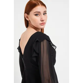 Esprit, Bluza cu decolteu in V si maneci din sifon, Negru, S
