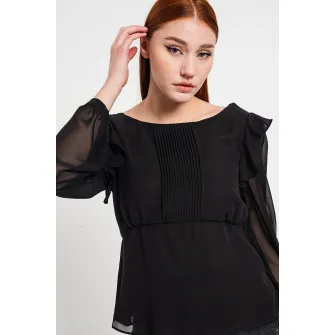 Esprit, Bluza cu decolteu in V si maneci din sifon, Negru, S
