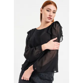 Esprit, Bluza cu decolteu in V si maneci din sifon, Negru, S