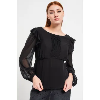 Esprit, Bluza cu decolteu in V si maneci din sifon, Negru, S