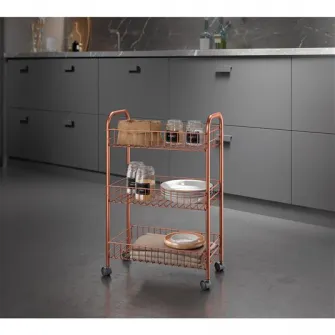 Etajera cu roti Metaltex, 3 rafturi, model Lugano copper, 41x23x63 cm