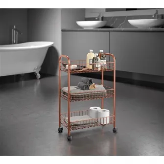 Etajera cu roti Metaltex, 3 rafturi, model Lugano copper, 41x23x63 cm