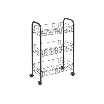 Etajera cu roti si 3 rafturi Metaltex Lugano Lava, 41x23x63cm, metal tratat Touch-Therm, culoare negru mat, aspect fier forjat