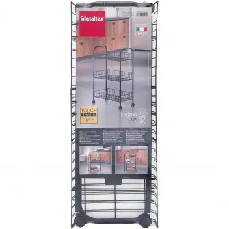 Etajera cu roti si 3 rafturi Metaltex Lugano Lava, 41x23x63cm, metal tratat Touch-Therm, culoare negru mat, aspect fier forjat