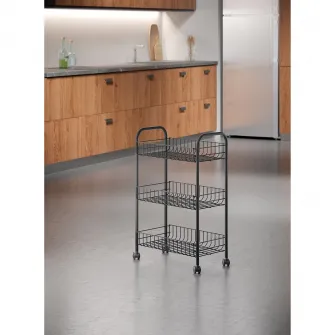 Etajera cu roti si 3 rafturi Metaltex Lugano Lava, 41x23x63cm, metal tratat Touch-Therm, culoare negru mat, aspect fier forjat