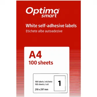 Etichete albe autoadezive 1/A4, 210 x 297 mm, 100 coli/top, Optima Smart